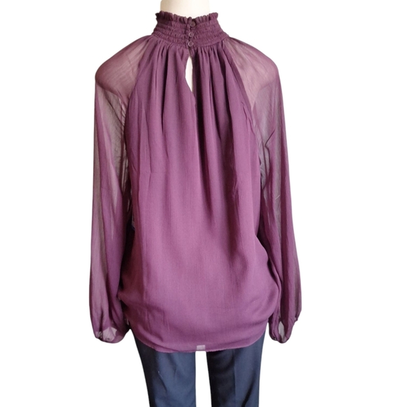 NWT! Joie Sheer Smocked Mock Neck Blouse Burgundy Long Sleeve Boho Top Sz Large - Picture 6 of 9